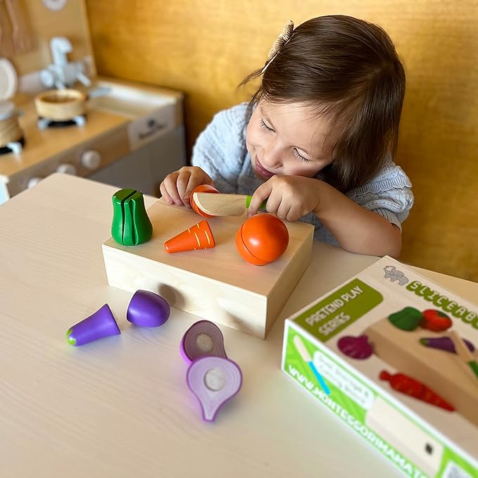 Montessori Mama Wooden Toy Food Cutting Vegetable Set - Velcro Food Toys for Toddlers - Toddler Kitchen Accessories Set with Storage-Cutting Board Box - Perfect Food Cutting Toys for Kids Gift