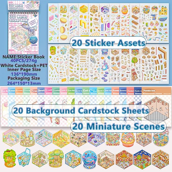 Sticker Book Activity, 20 Sets (1500+) DIY 3D Scene Stickers, Reusable Sticker Book, Mix and Match Creative Sets, Waterproof for All Surfaces, Ultimate Craft Supplies & Party Favors