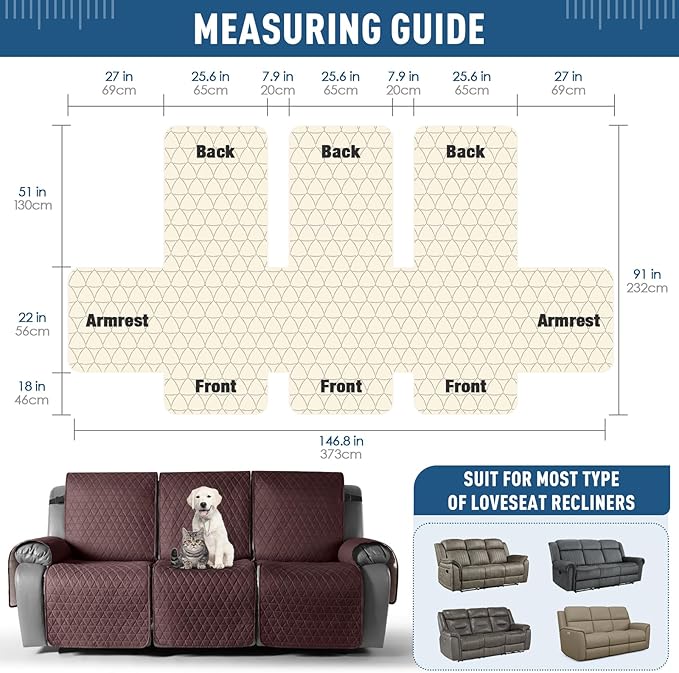 TAOCOCO 100% Waterproof Recliner Sofa Cover-Non Slip Split Couch Covers for Reclining Couches with Elastic Straps,Couch Covers for 3 Cushion Couch Sofa Pet Friendly(Coffee, 3 Seater)