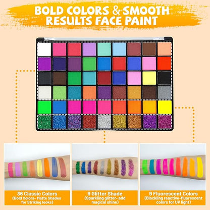 54 Colors Face Painting Kit, Non-Toxic Water Activated Face Paint Palette, Facepaint Makeup Kit with Brushes, Stencils, Gems, for Festivals, Halloween, Carnival, Birthday Parties