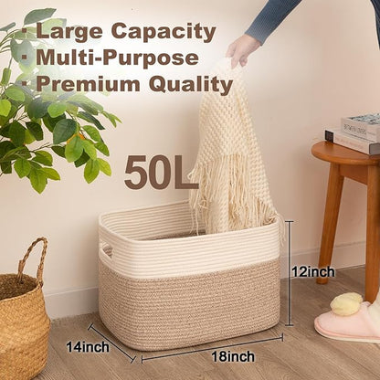 Blanket Basket, Cotton Rope Woven Storage Basket for Living Room, Toy Bin for Kids, Nursery, Baby Room Decorative Organizer, 18''×14''×12'', Brown & White