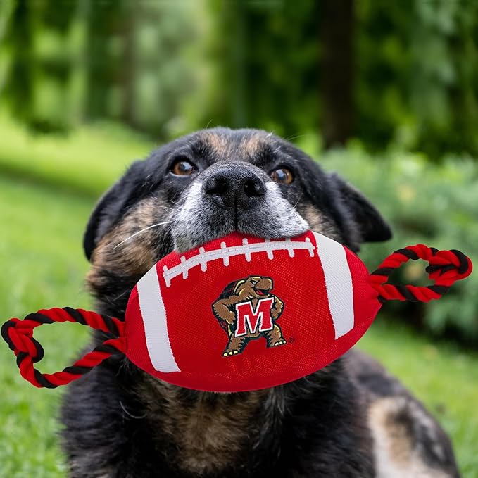 Pets First Maryland Football Dog Toy, Tough Quality Nylon Materials, Strong Pull Ropes, Inner Squeaker, Collegiate Team Color