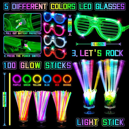 263 PCs Glow Party Supplies, 16 Foam Glow Sticks, 15 LED Glasses and 200 Glow Sticks ＆ Bracelets, 10 light up headband feather，12 Glow sticks headband，6 Fiber Optic Hair Light，4 Glow Fiber Optic Wands