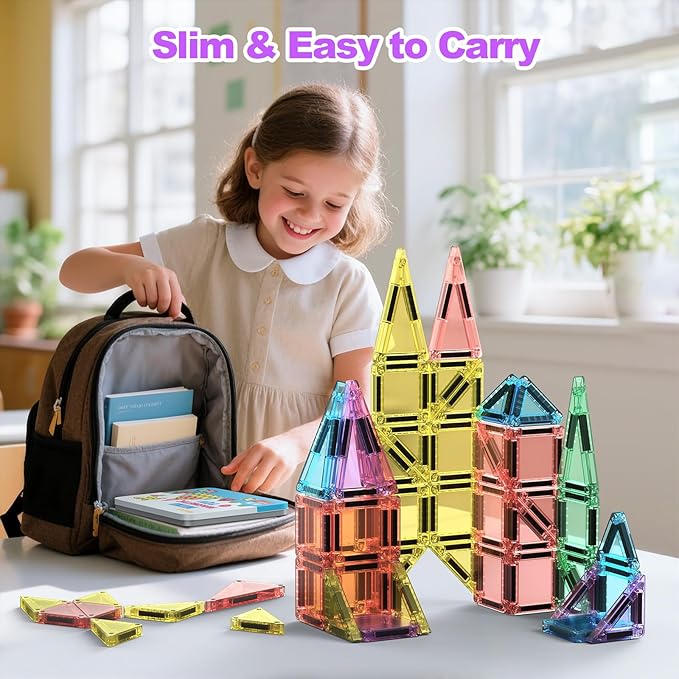 BAIJLE 46PCS Mini Magnetic Tiles, for Kids, Portable Magnetic Toys Travel Set with Iron Case for Kids Ages 4-8,Creativity Boosting Building Toys Set,Toddler Puzzle for Boys and Girls Ages 3+