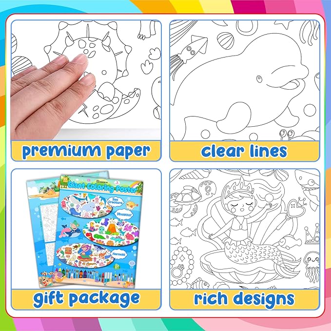 3Pack Giant Coloring Poster, Large Coloring Poster for Kids, Dinosaur, Mermaid, and Sea Animal Huge Big Coloring Page Craft with for Classroom Home Coloring Activities Birthday Gifts Party Favors