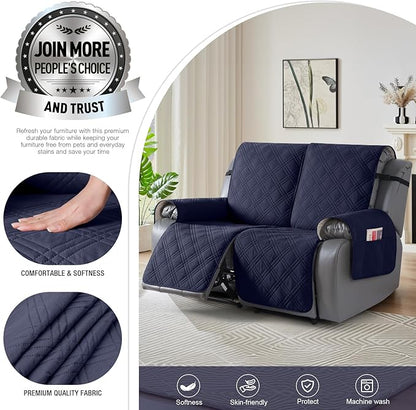 TAOCOCO 100% Waterproof Loveseat Recliner Cover, Non Slip Split Loveseat Covers for Reclining Loveseat with Elastic Straps, Washable Recliner Chair/Furniture Protector for Pets(2 Seater, Navy Blue)