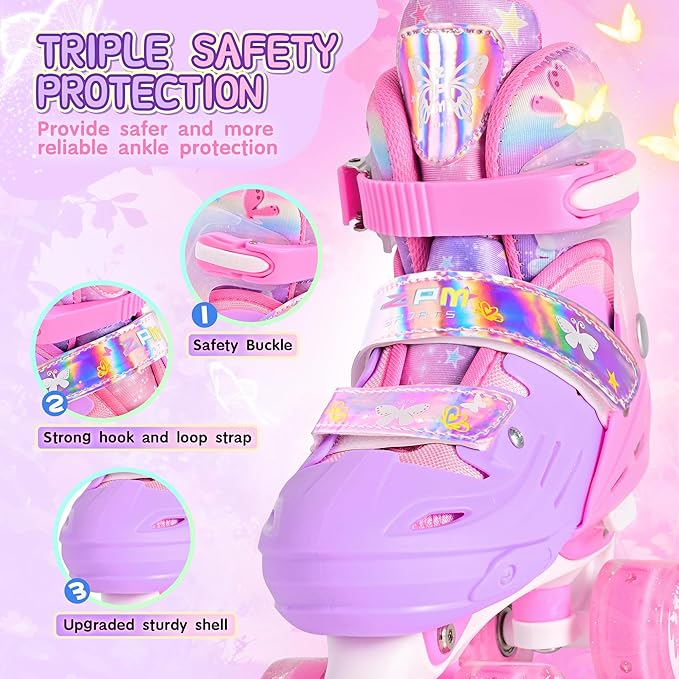 2PM SPORTS Roller Skates for Girls Boys Kids Age 4-6 5-8 6-12 8-12 with Light Up Wheels, Adjustable Youth Rollerskates Size 10C 11C 12C 13C 1 2 3 4 5 6