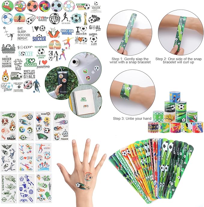 295 Pieces Soccer Party Favors Supplies Set Bulk Mini Soccer Ball Soccer Slap Bracelet Tattoo Sticker Keychain Adjustable Bracelet Goodie Bag Fillers for Sports Soccer Party Gifts Bags (Soccer)