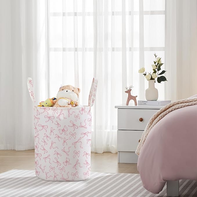TECHMILLY Large Storage Basket for Girls and Boys, Collapsible Laundry Hamper with Long Handles, Toy Bins for Nursery, Kids Room Décor (Bowknot)