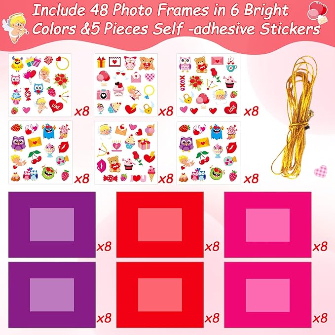 Qyeahkj 48 Pack Valentines Day Picture Frame Craft Kits Valentine 's Day Craft Arts Decoration Valentines DIY Photo Frame Crafts for Kids with Easel for Fun Home Class Kindergarten Party Activity