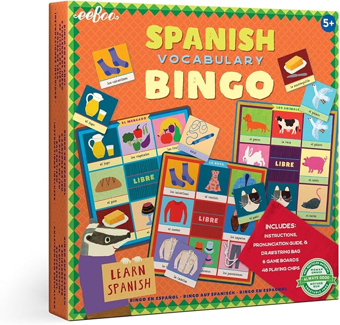 eeBoo: Spanish Bingo Vocabulary Game, A Game of Imaginative Problem Solving, Educational Games That Cultivates Conversation, Socialization, and Skill-Building, Learn Spanish, for Ages 5 and up