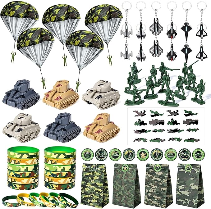 Golray Army Party Favors Camo Wristband Big Parachute Tanks Aircraft Keychain Army Men Soldier Figures Toys for Kids Boys Camouflage Military Camo Birthday Party Supplies Decoration Gift Bag Stuffers