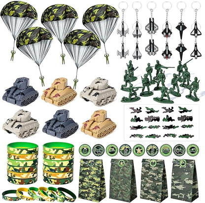 Golray Army Party Favors Camo Wristband Big Parachute Tanks Aircraft Keychain Army Men Soldier Figures Toys for Kids Boys Camouflage Military Camo Birthday Party Supplies Decoration Gift Bag Stuffers
