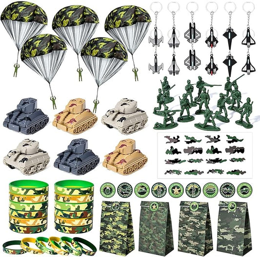 Golray Army Party Favors Camo Wristband Big Parachute Tanks Aircraft Keychain Army Men Soldier Figures Toys for Kids Boys Camouflage Military Camo Birthday Party Supplies Decoration Gift Bag Stuffers