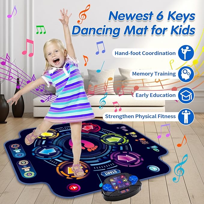 Kids Electronic Dance Pad with 6-Button, Music Dance Game Mat with Built-in Music 9 Levels and 3 Modes, Chirstmas Party Birthday Gifts, Toys for Girls Ages 4-8, 8-12
