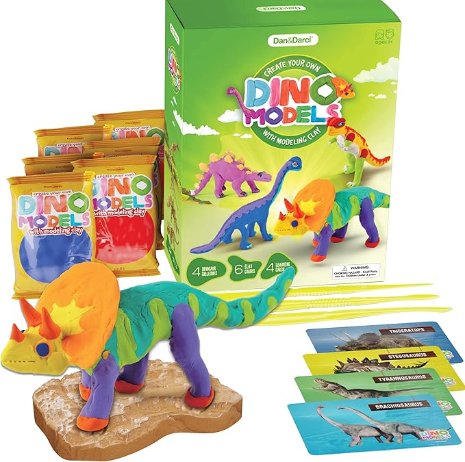 Dino Models, Clay Craft Kit - Dinosaur Arts and Crafts for Kids - Easter Gifts for Boys & Girls - Build 4 Dinos with Air Dry Magic Modeling Model Set Ages 3, 4, 5, 7, 8+ Boy or Girl
