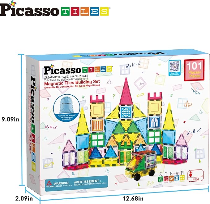 PicassoTiles Magnetic Tiles 101pc Magnet Tile Building Blocks Construction Sensory Toy Set with Storage Carry Case Drawstring Bag STEM Kids Learning Educational Pretend Play Boy Girl Ages 3+ & Up PT06