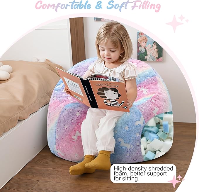 COMAX Bean Bag Chairs for Kids 8-12, Toddler BeanBag Sofa with Filler Unicorn Bean Couch Stuffed for Boys and Girls, Lazy Floor Chair for Playroom, Nursery Room, Colorful Rainbow