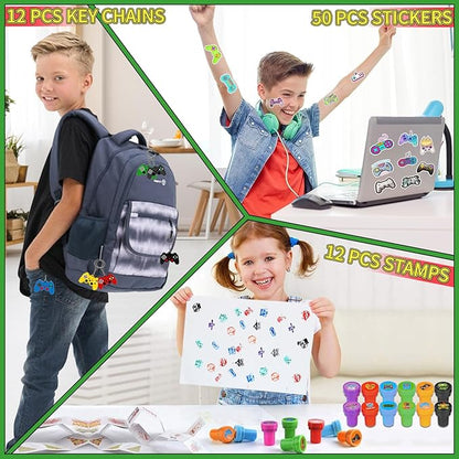 159 Pcs Video Game Party Favors, Gamer Gaming Party Favors - Drinking Straws Cups Slap Bracelets Keychains Gift Tags Stamps Stickers Gift Bags for Game On Birthday Party Favor Supplies