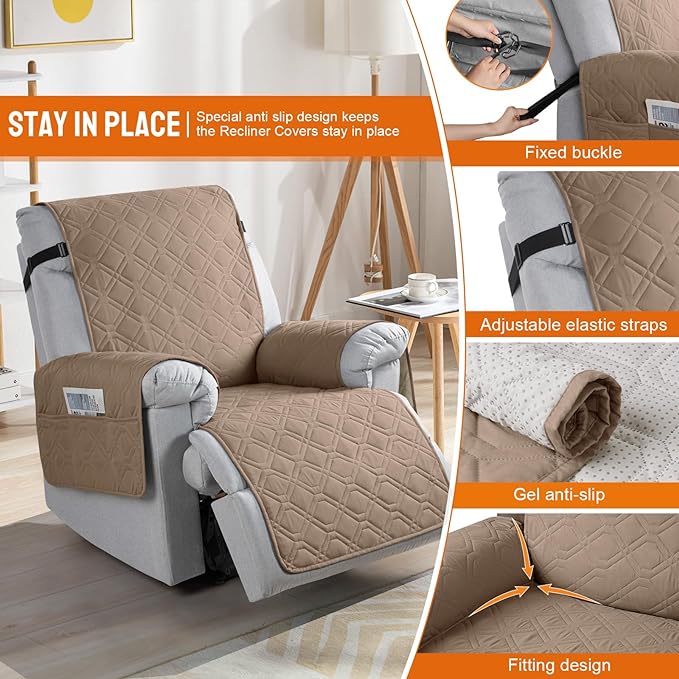 VANSOFY 100% Waterproof Recliner Chair Covers, Recliner Cover Non-Slip Dog Chair Cover Furniture Protector Washable Slipcover with Pocket, Elastic Straps for Pets, Dogs(Light Brown, 30")