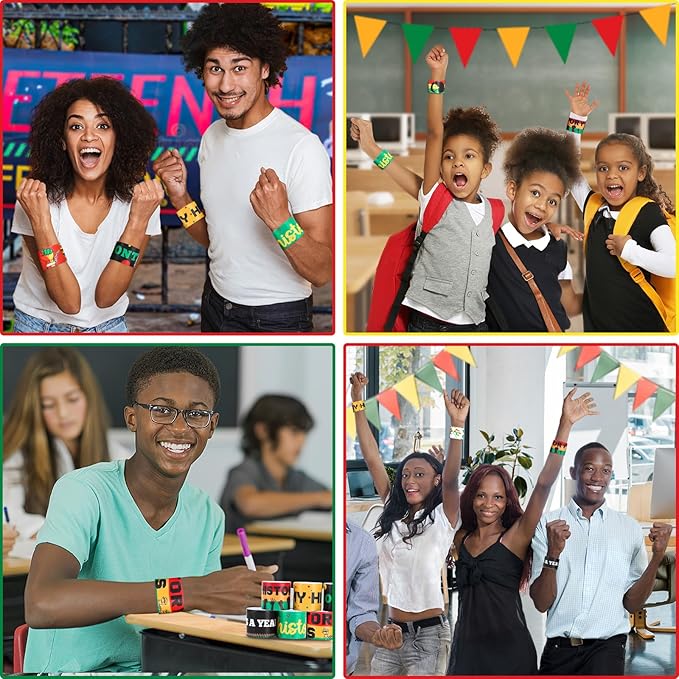 JUNEBRUSHS 56Pcs Black History Month Slap Bracelets, Black History Month Wristbands Bracelets Bulk for Kids Adult Black History Month Party Favors Accessories Gifts Decorations