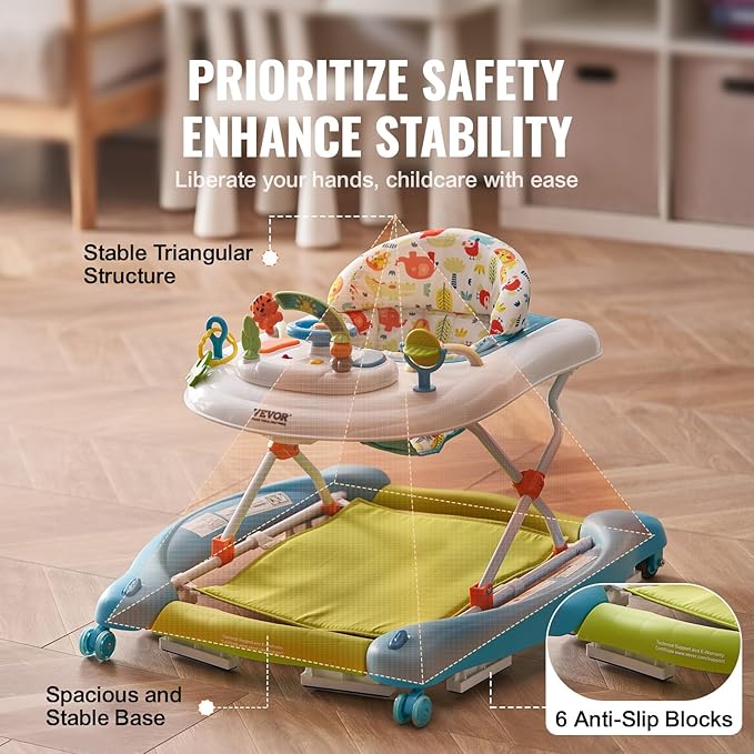 VEVOR 4-in-1 Baby Walker, Folding Baby Activity Center with Wheels, 3 Adjustable Height, Music & Toys Tray, Learning-Seated | Walk-Behind | Rocker | Bouncer Toddler Walker for Girls Boys 6-24 Months