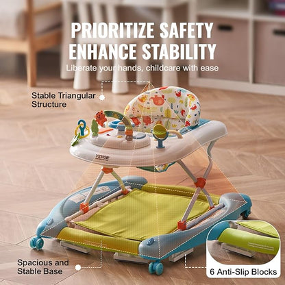 VEVOR 4-in-1 Baby Walker, Folding Baby Activity Center with Wheels, 3 Adjustable Height, Music & Toys Tray, Learning-Seated | Walk-Behind | Rocker | Bouncer Toddler Walker for Girls Boys 6-24 Months