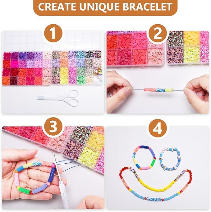 XSEINO 46000Pcs Clay Beads - 216Colors 10Boxes Clay Beads, 5 Styles Letter Beads,with Rich Making Accessories and 3 Rolls Crystal Cord,for Crafts