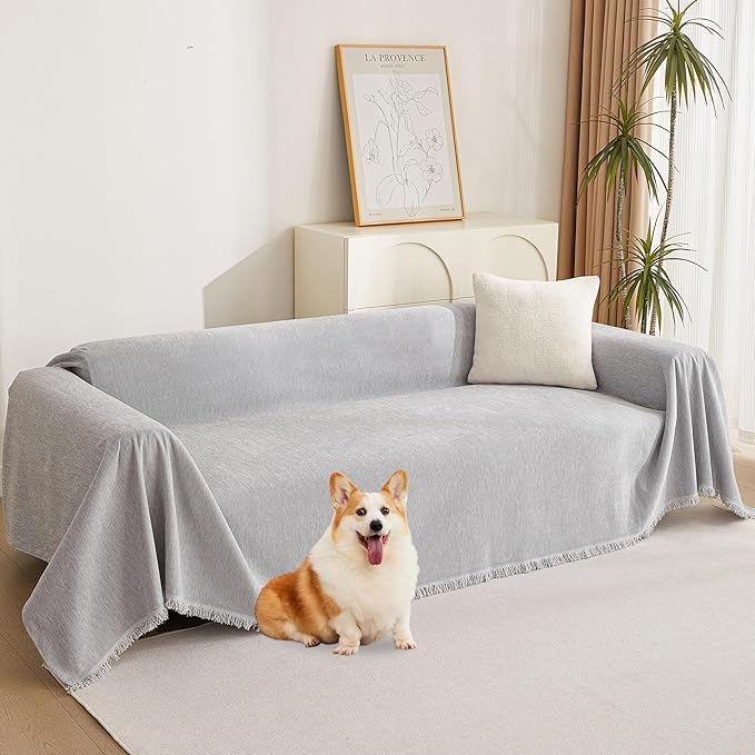 MYSKY HOME Light Gery Chenille Sofa Cover for Dogs Cats Tassel Edge Couch Cover Furniture Protectors for Pets Universal Couch Cover Thick Durable Sectional Couch Covers for 3 Cushion Couch, 71"x 134"