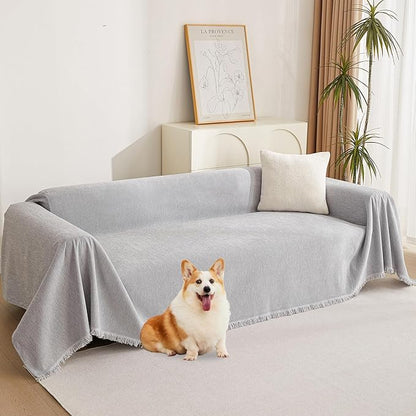 MYSKY HOME Sofa Cover for Dogs Washable for Loveseat Boho Couch Cover Cover for Sofa Couch Cover Blanket Couch Cover Thick Durable Tassel Water Resistant Furniture Protector, 71"x 118", Light Gery