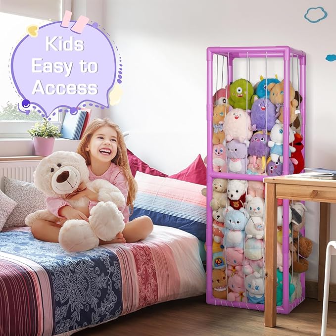 Trycooling Stuffed Animal Storage Zoo Stuffed Animal Holder Space Save Vertical Stuffed Animals Storage PVC with Elastic Band and Net for Playroom Birthday Gift for Bedroom Nursery (Purple 1)