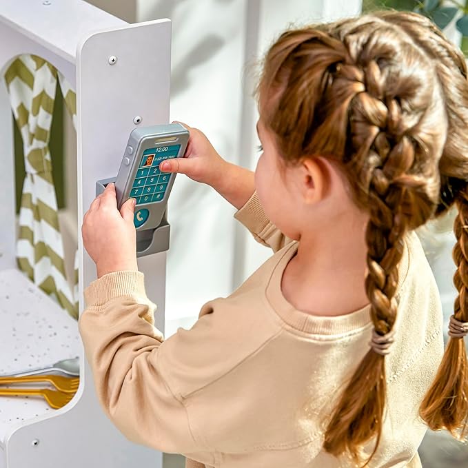 KidKraft Ultimate Corner Wooden Play Kitchen with Lights & Sounds, Play Phone and Curtains, White