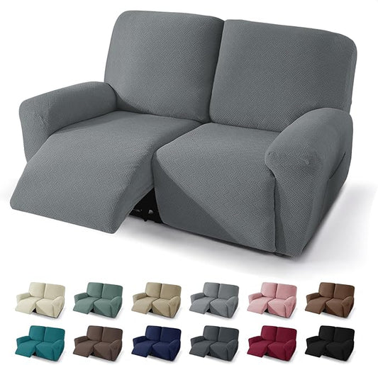 JIVINER 4 Pieces Recliner Loveseat Covers Stretch Recliner Sofa Slipcover with Elastic Bottom Jacquard Fitted Reclining Couch Cover Furniture Protector with Pockets (2 Seater, Light Grey)