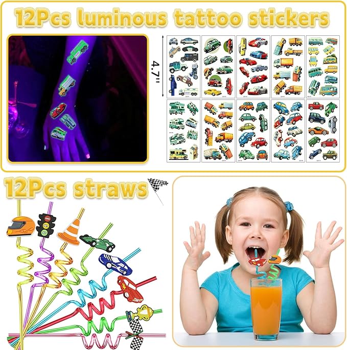 96Pcs Race Car Party Favors, Race Car Birthday Party Supplies Include Mini Race Cars Bubble Wands Straw Slap Bracelet DIY Stickers Tattoo Stickers Car Bags for Kids Race Car Themed Decorations