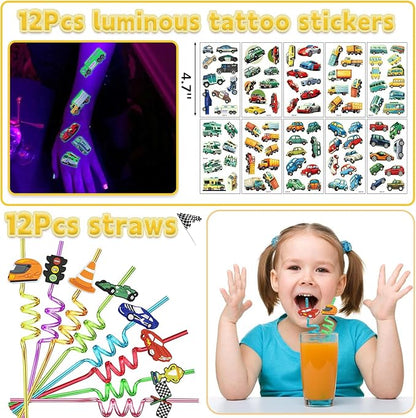 96Pcs Race Car Party Favors, Race Car Birthday Party Supplies Include Mini Race Cars Bubble Wands Straw Slap Bracelet DIY Stickers Tattoo Stickers Car Bags for Kids Race Car Themed Decorations