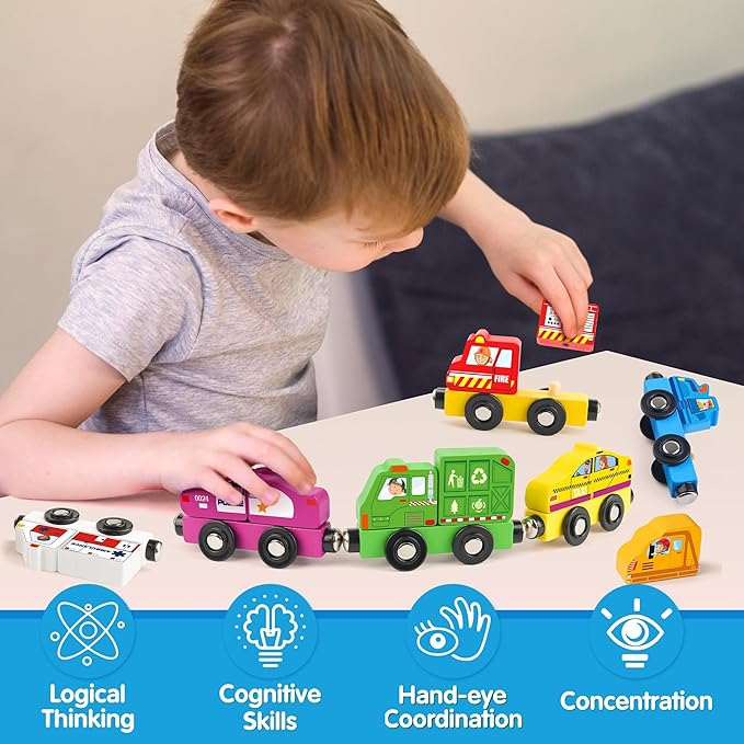 Helsort Wooden Magnetic Trains Cars - 8 Piece Educational and Skill-Building Wooden Toy for Boys and Girls Toys Train, Montessori Fine Motor Skills for Toddlers and Kids Ages 3+