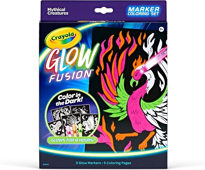 Crayola Glow Fusion, Glow in The Dark Coloring Set with Markers, Mythical Creature Coloring Pages, Gift for Kids