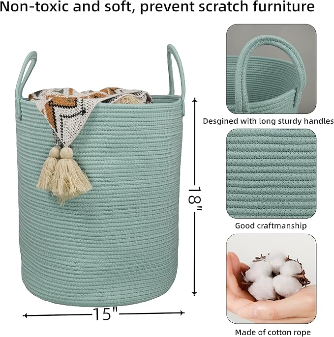 XUANGUO Cotton Rope Laundry Basket Hamper for Clothes Woven Storage Basket for Living Room Bedroom Boho Tall Rope Baskets for Blanket Toys Pillow Towels Baby Nursery Hamper Bin Large light green