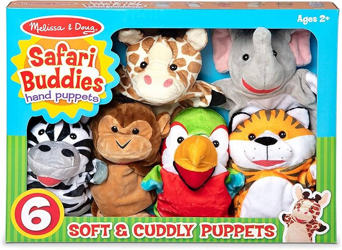 Melissa & Doug Safari Buddies Hand Puppets, Set of 6 (Elephant, Tiger, Parrot, Giraffe, Monkey, Zebra) Soft, Plush Animal Hand Puppets For Toddlers And Kids Ages 2+