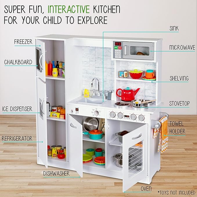 Lil' Jumbl Kids Kitchen Set, Pretend Wooden Play Kitchen, Battery Operated Icemaker & Microwave with Realistic Sound, Pots & Pan Included - White