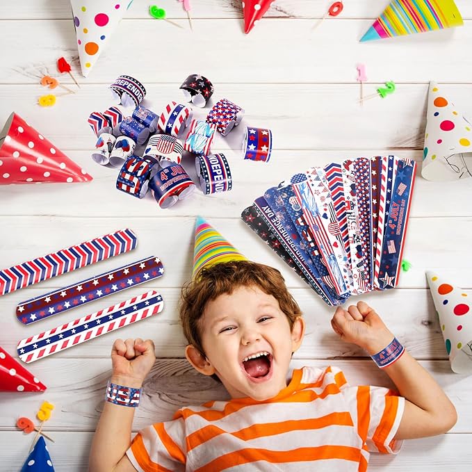 MGparty 48pcs 4th of July Slap Bracelets Toys for Kids 4th of July Party Favors Supplies Patriotic Accessories Decorations