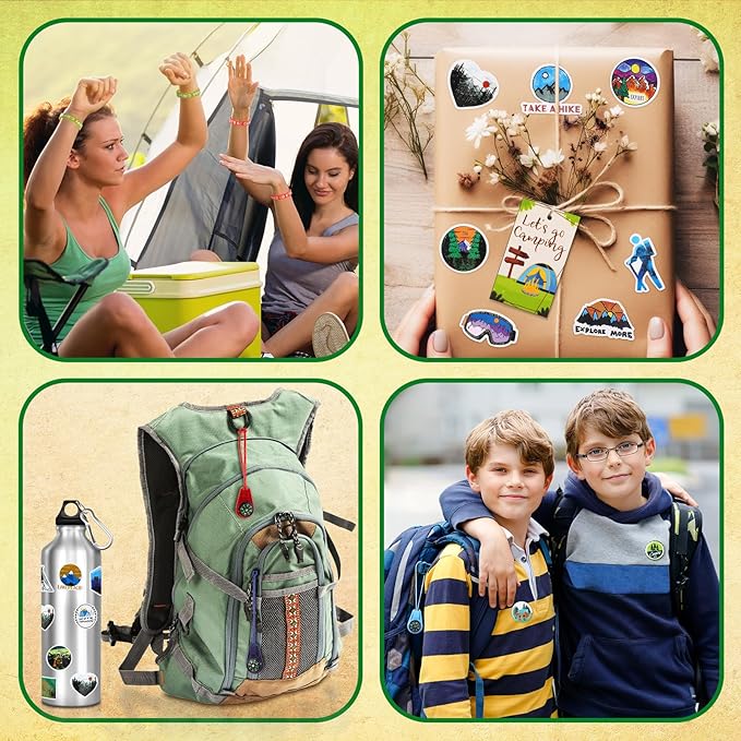 210 Pcs Camping Party Favors Camper Birthday Party Decoration Notepad Pencil Sharpener Eraser Badge Sticker Bracelet Compass Tag Keychain Flashlight Bag for Camping Theme Adventure Supplies