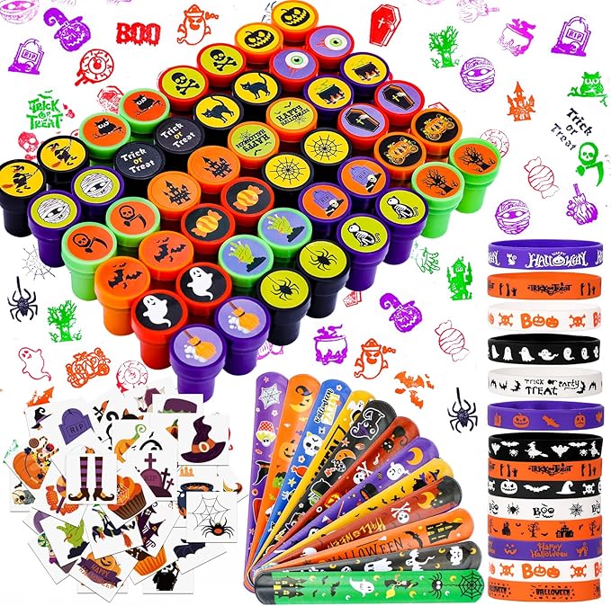 MGparty 288 Pack Halloween Party Favors Bulk Toys for Kids - Tattoos Stamps Slap Bracelets Rubber Bracelets Halloween Pinata Stuffers Trick-or-Treat Goodie Bag Fillers Classroom Game Prizes