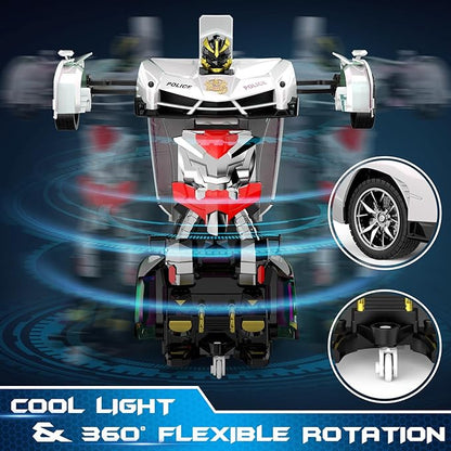 FDJ Transform Remote Control Car - Toys Car Robot with Shiny Sprayed Surface, One Button Deformation to Robot with Flashing Light, 2.4Ghz 1:18 Scale Transforming Police Car Kids Toys
