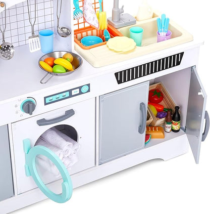 Lil’ Jumbl Kids Wooden Kitchen Set, Pretend Working Sink with Real Running Water, Includes Range Hood, Microwave & Stove Top That Make Realistic Sound & Light, Full Accessory Set Included