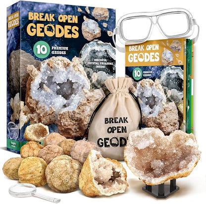 XXTOYS Break Open 10 Premium Geodes with Crystals – Great STEM Science Gift for Mineralogy & Geology Enthusiasts of Boys and Girls for Any Age - Includes Goggles, Learning Guide & 2 Display Stands