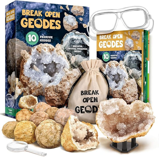 XXTOYS Break Open 10 Premium Geodes with Crystals – Great STEM Science Gift for Mineralogy & Geology Enthusiasts of Boys and Girls for Any Age - Includes Goggles, Learning Guide & 2 Display Stands