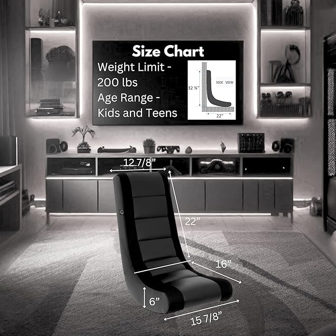 The Crew Furniture Classic Video Rocker Floor Gaming Chair, Kids and Teens, Racing Stripe PU Faux Leather & Polyester Mesh, Black/Black