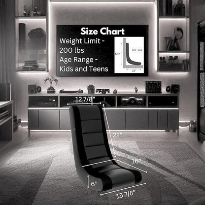 The Crew Furniture Classic Video Rocker Floor Gaming Chair, Kids and Teens, Racing Stripe PU Faux Leather & Polyester Mesh, Black/Black