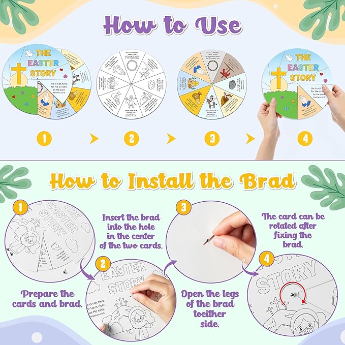 COcnny 24 Sets The Easter Story Craft, Color Your Own Easter Jesus Wheel for Kids, Religious Bible Coloring Cards DIY Crafts Art Game for Sunday School Christian Classroom Home Activities VBS Supplies